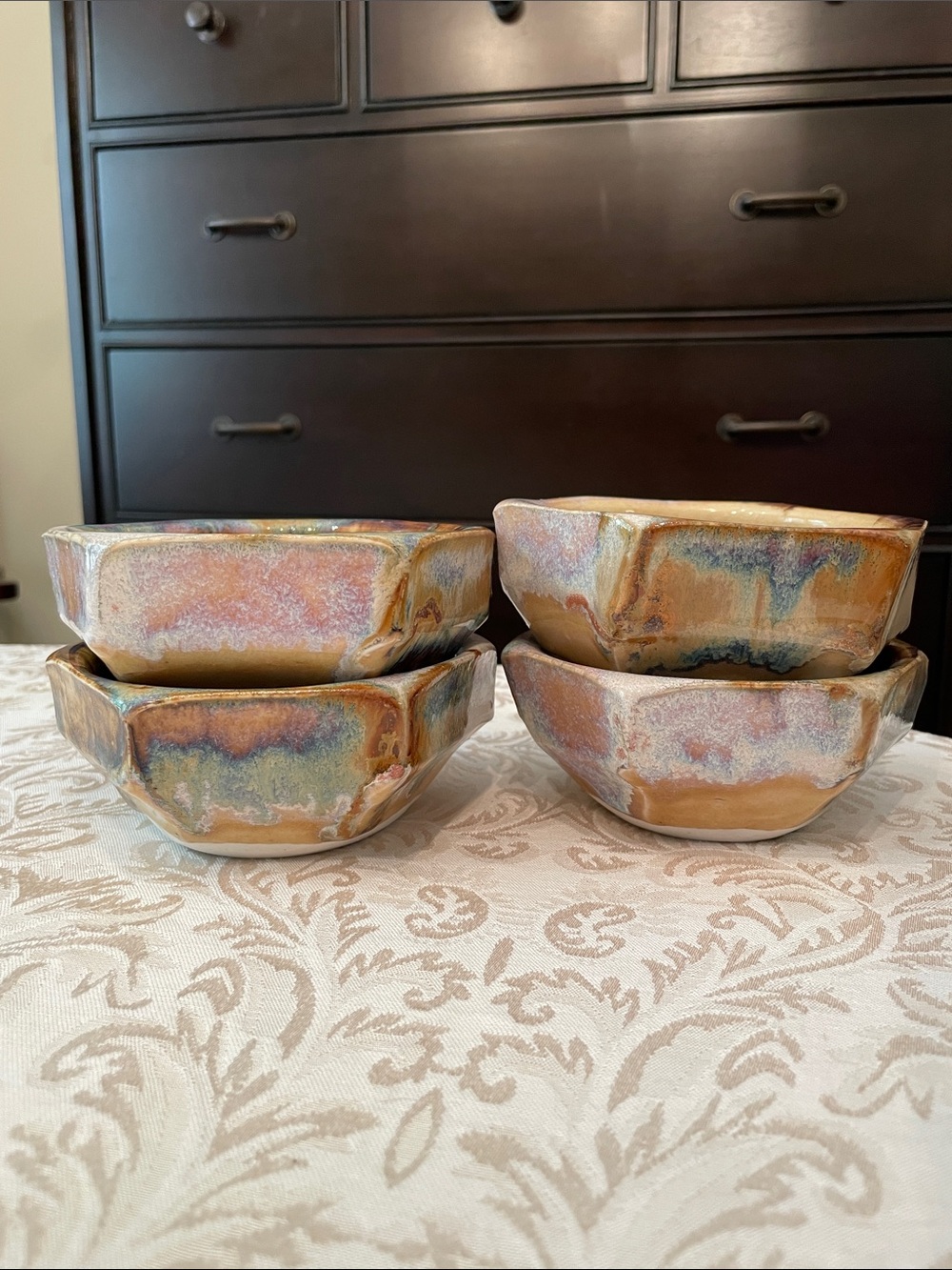 Rare Set of 4 Matching Mayhew Porcelain Ceramic Drip Glaze Bowls, Made in USA